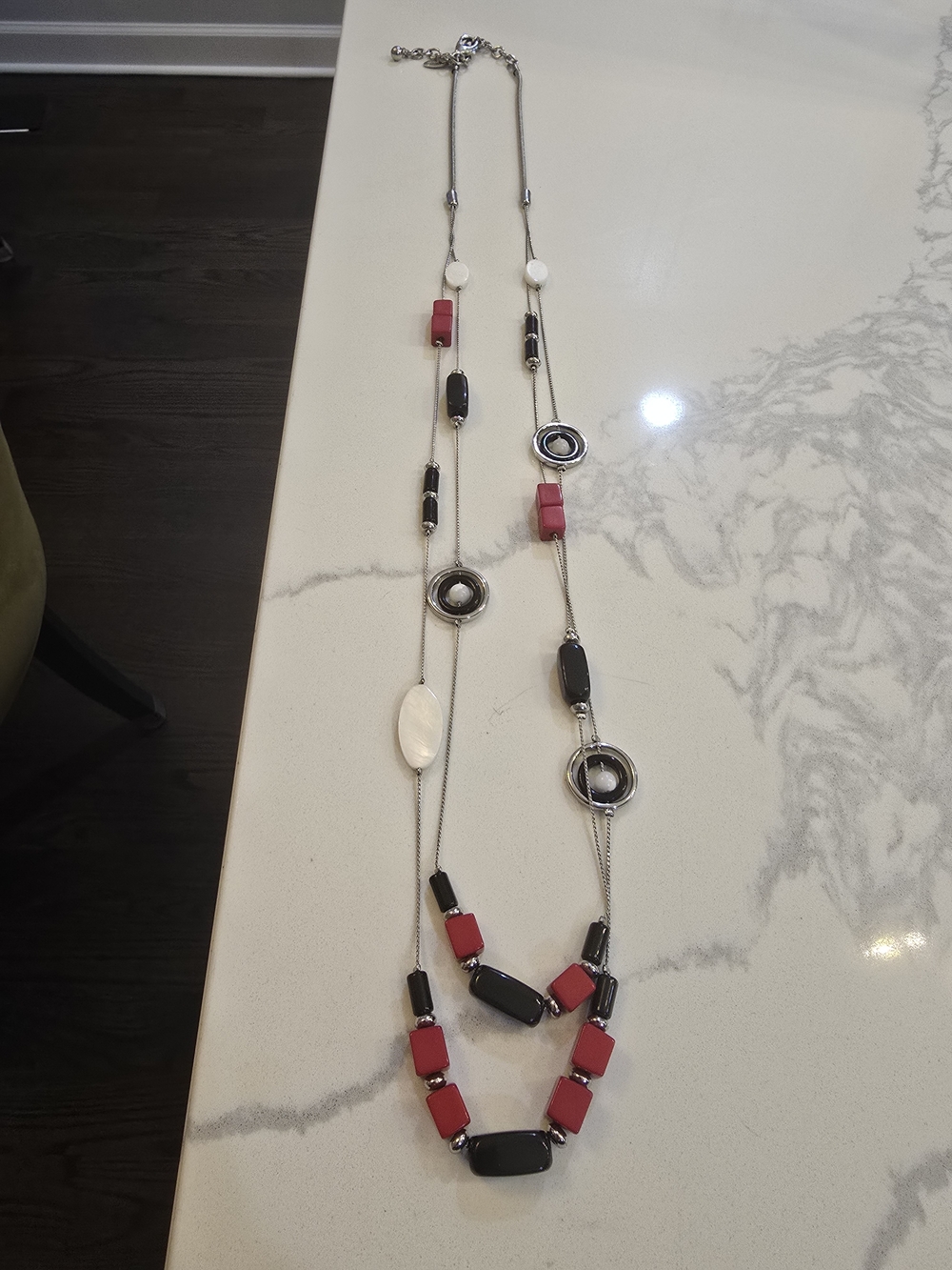Chico's Red, Black & White Multi-Strand Bead Necklace with Silver Accents